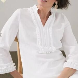 CHICO'S Linen-Blend Pom-Pom Detail on Placket/Cuffs Long Sleeves Tunic 2/L White